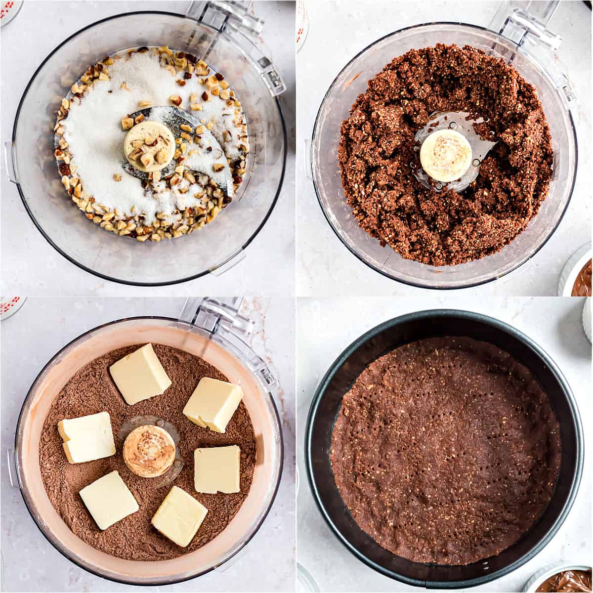 Step by step photos showing how to make chocolate hazelnut tarte.