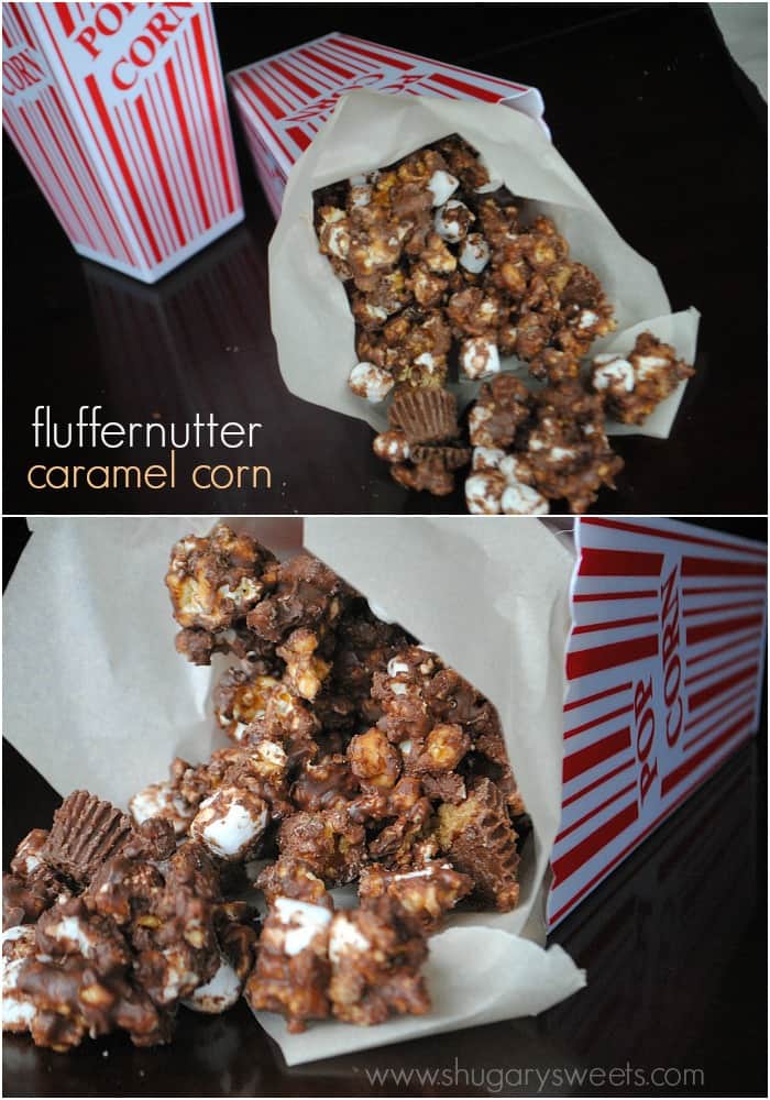 Fluffernutter Caramel Corn: homemade caramel corn with Reese's, marshmallow, chocolate and peanut butter!