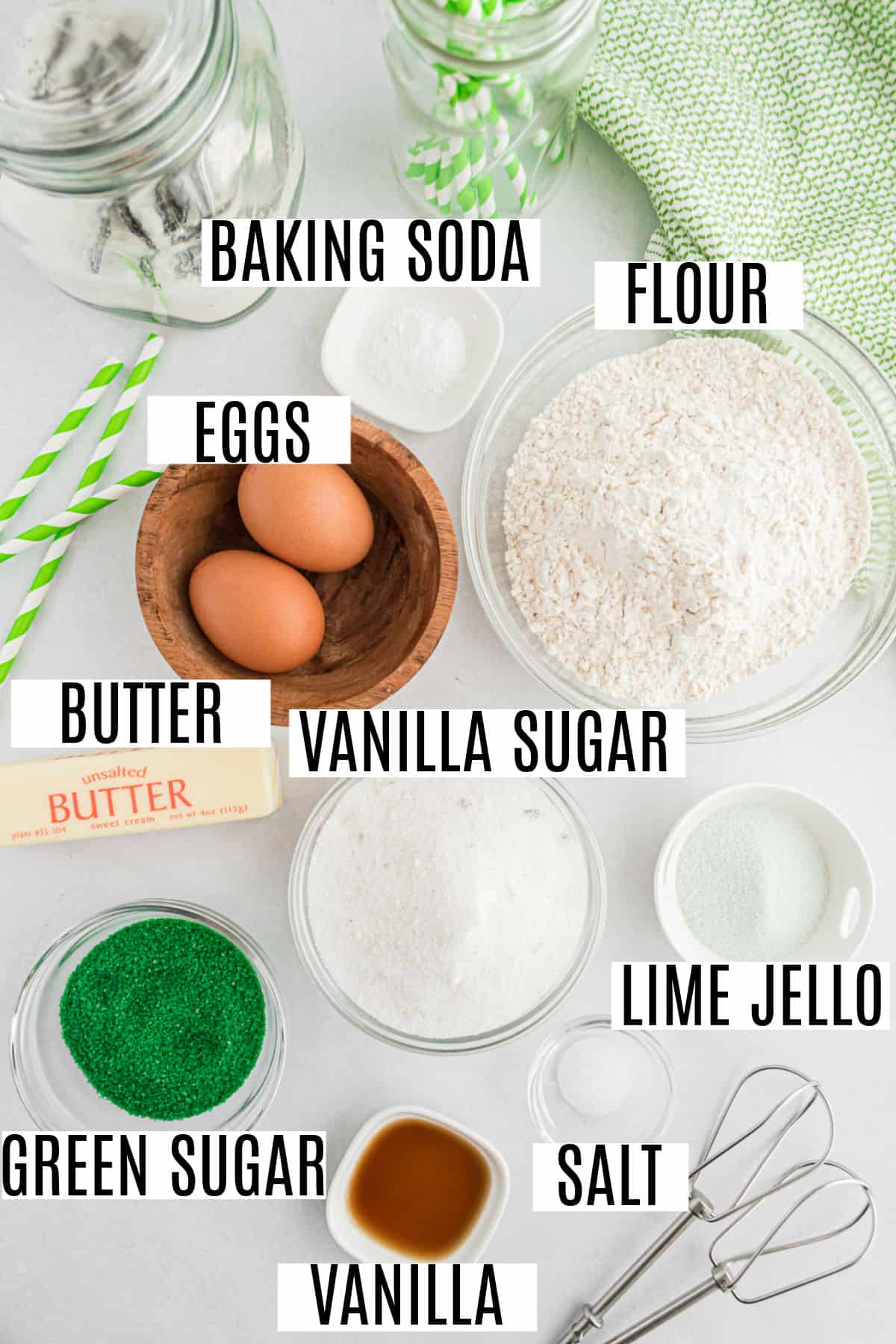 Ingredients needed for lime swirled icebox cookies.