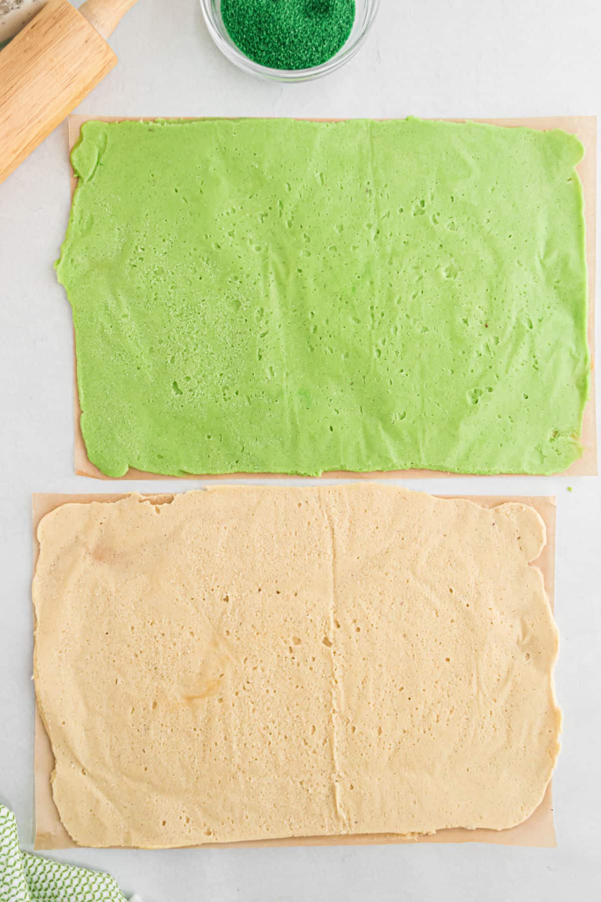 Two tone cookie dough pressed into a rectangle.