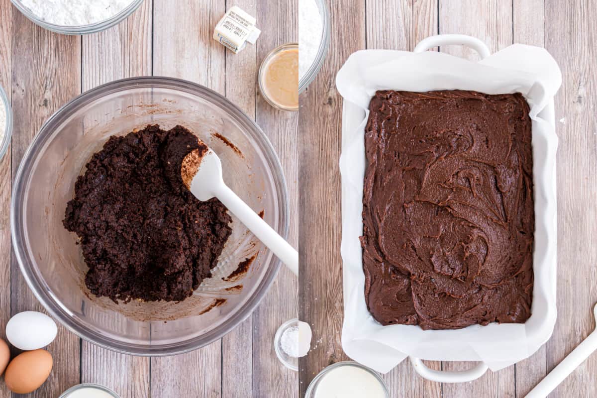 Step by step photos showing how to make baileys brownies.