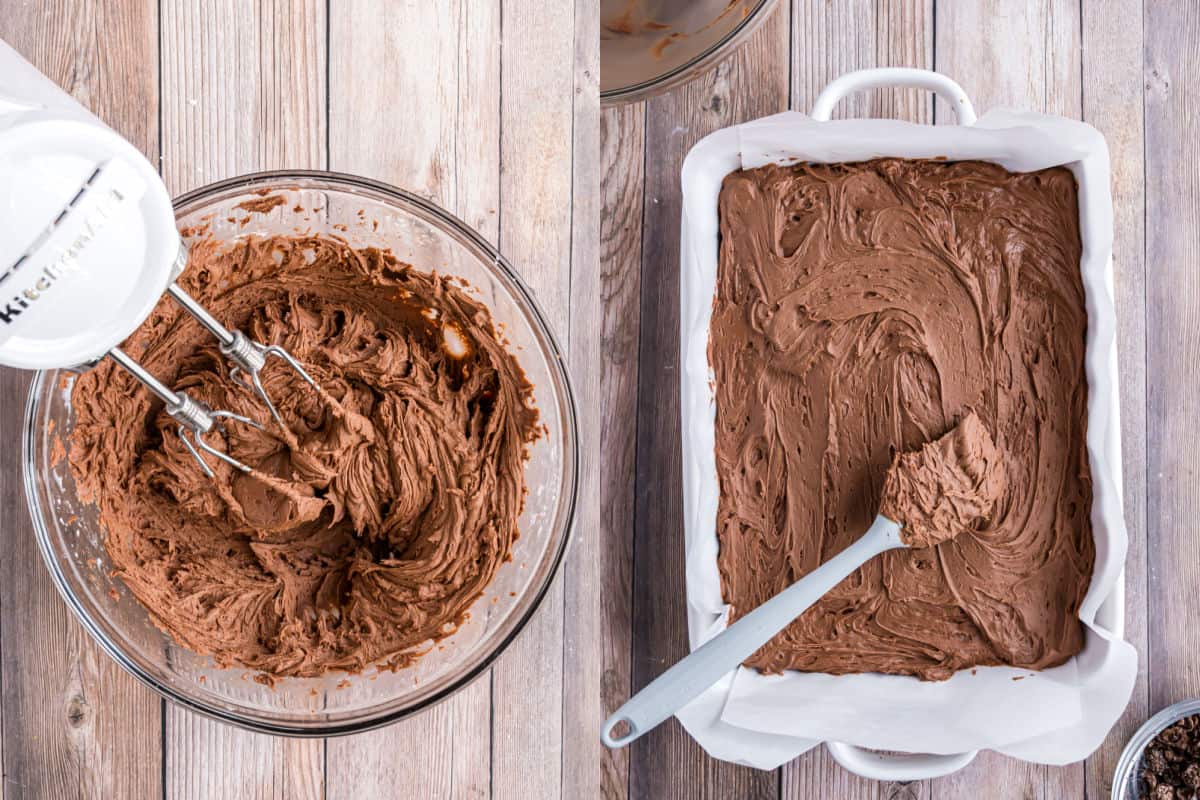 Step by step photos showing how to make baileys brownies frosting.