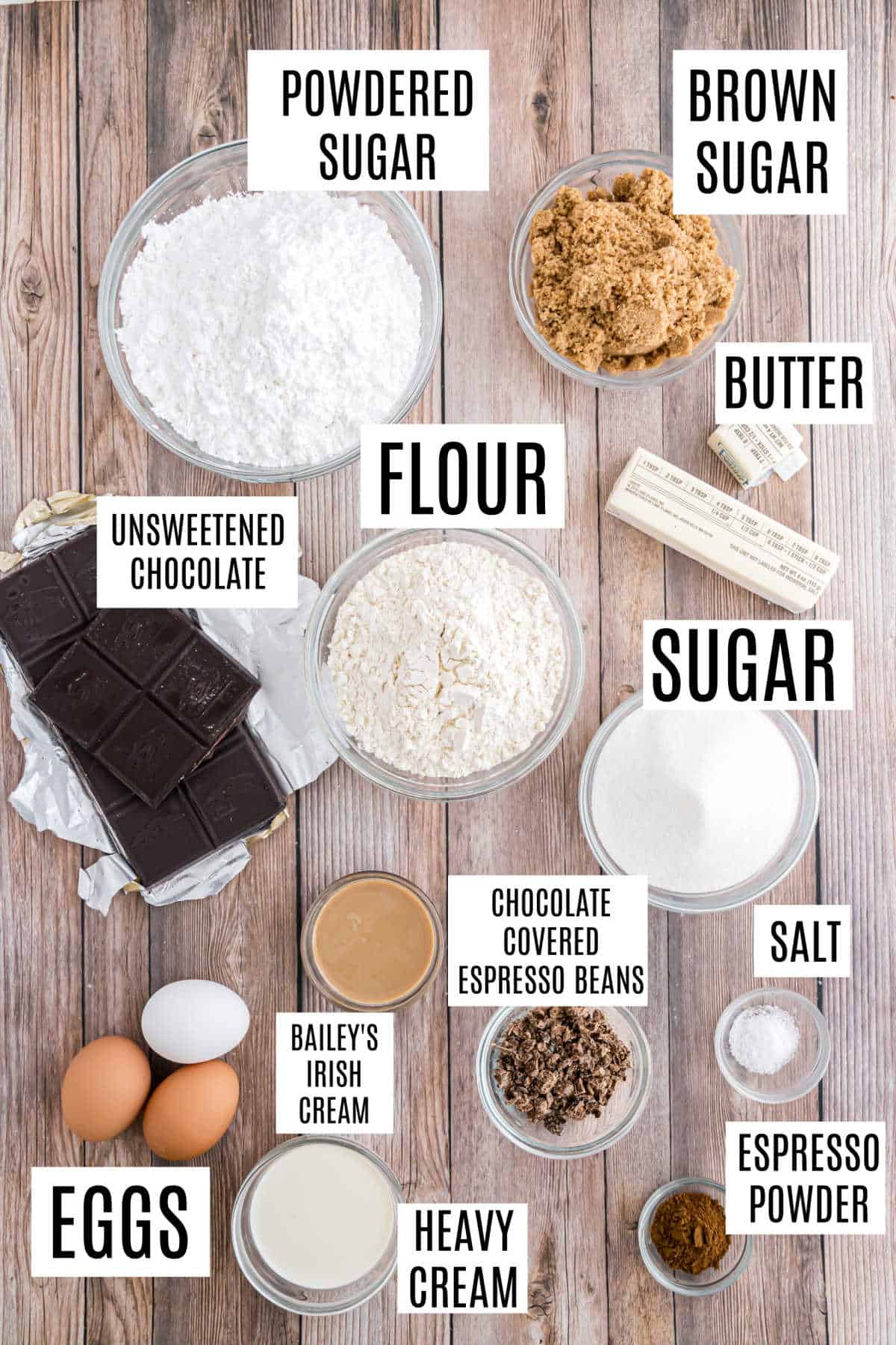 Ingredients needed to make baileys brownies.