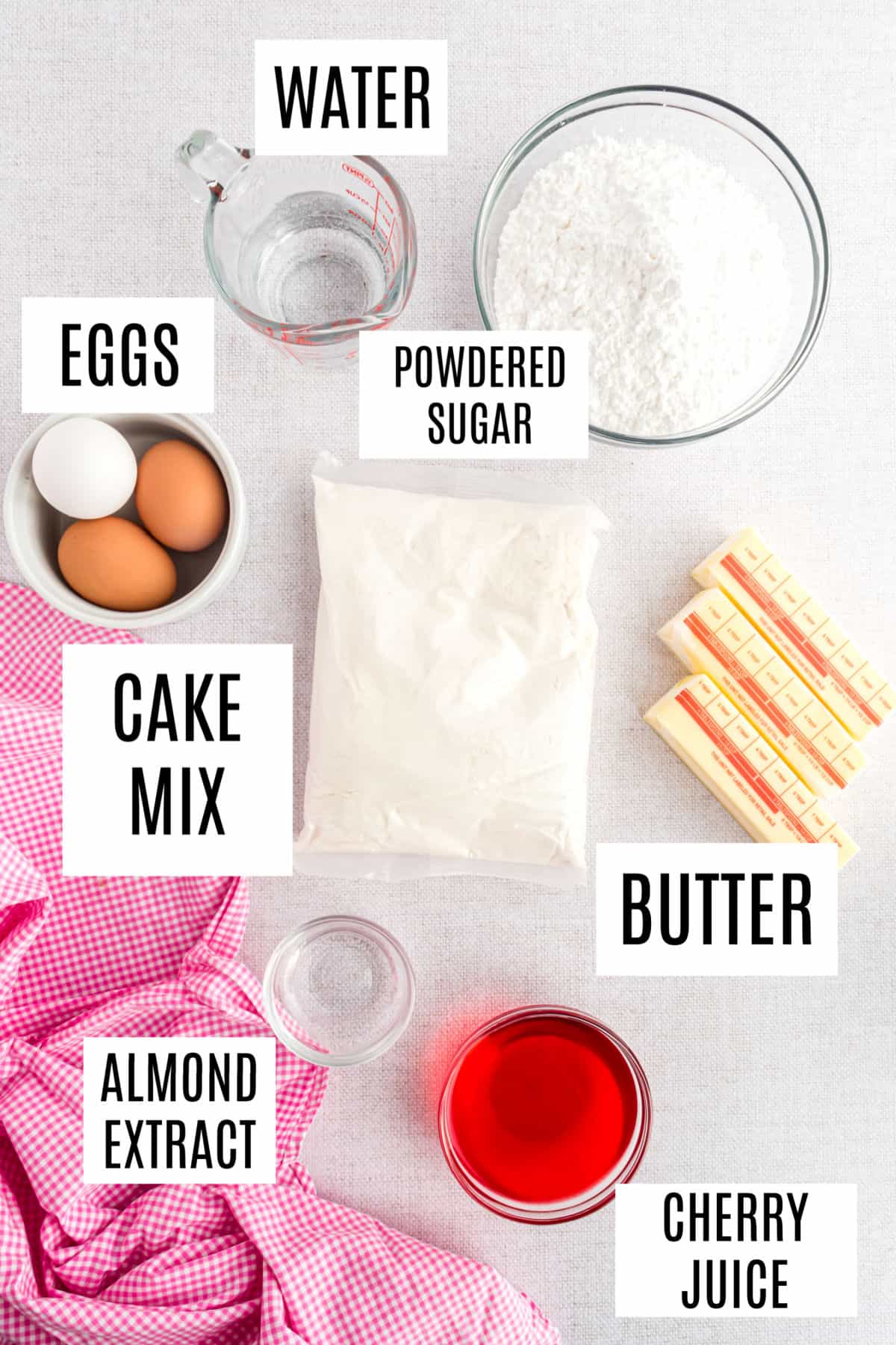 Ingredients needed to make cherry almond cupcakes.