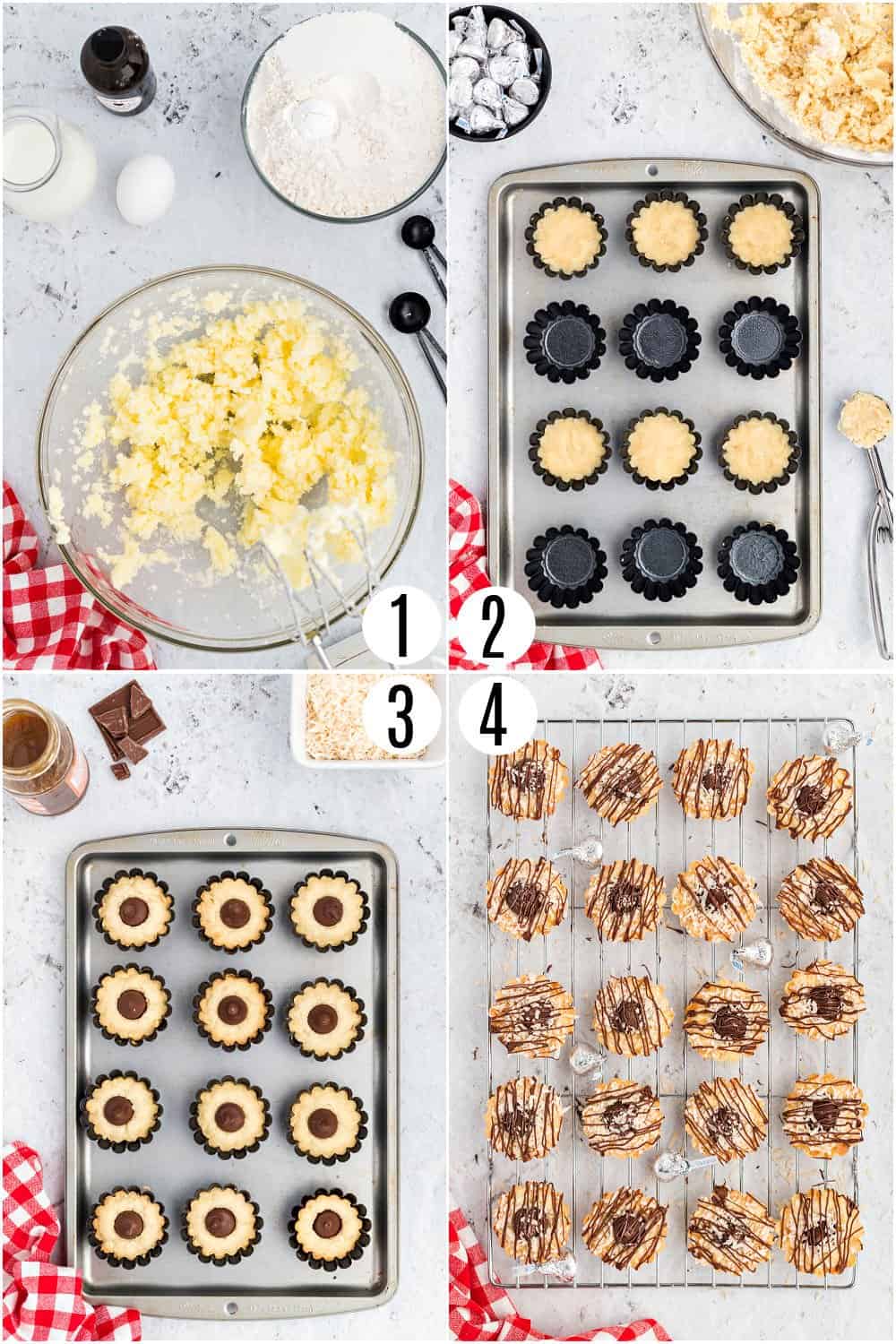 Step by step photos showing how to make coconut kiss cookies.