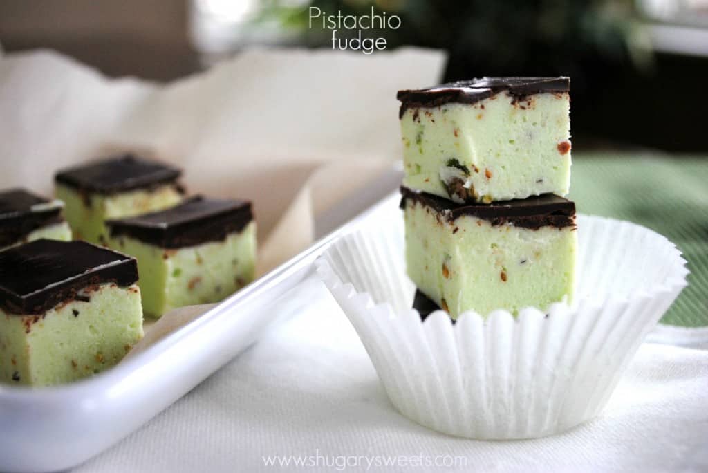 Pistachio Fudge topped with Dark chocolate Ganache