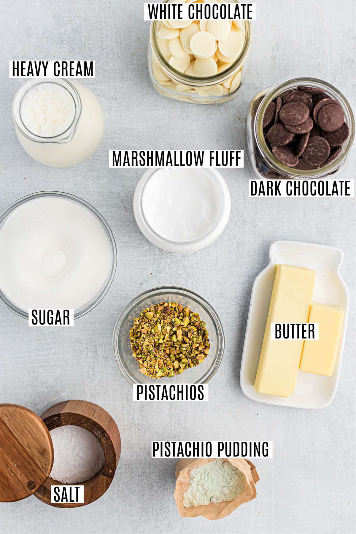 Ingredients needed to make pistachio fudge.