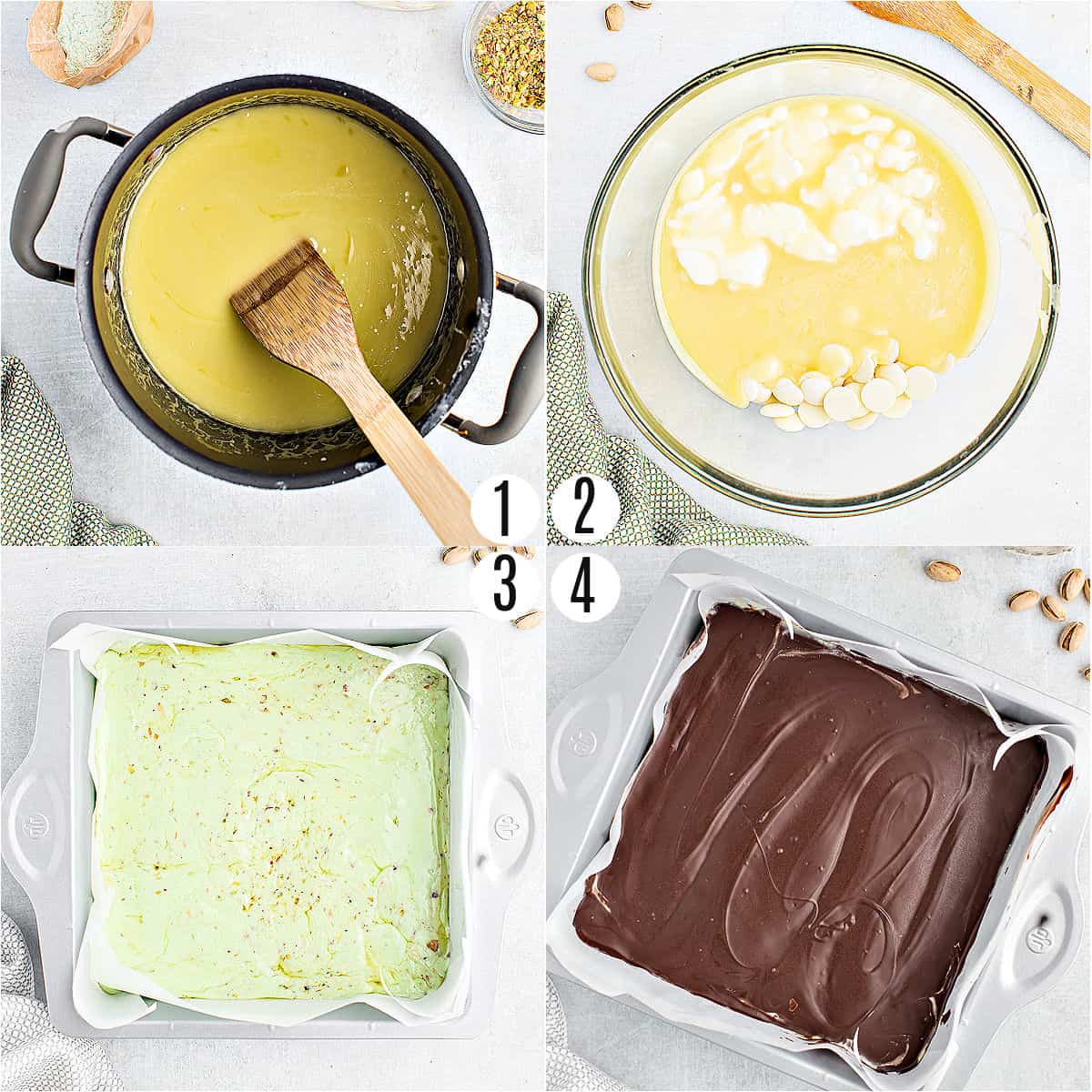 Step by step photos showing how to make pistachio fudge.