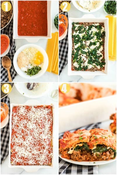 Step by Step How photos showing how to make spinach lasagna with meat sauce.