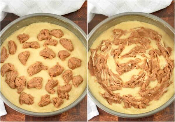 Step by step swirling of cinnamon filling in cinnamon roll cake