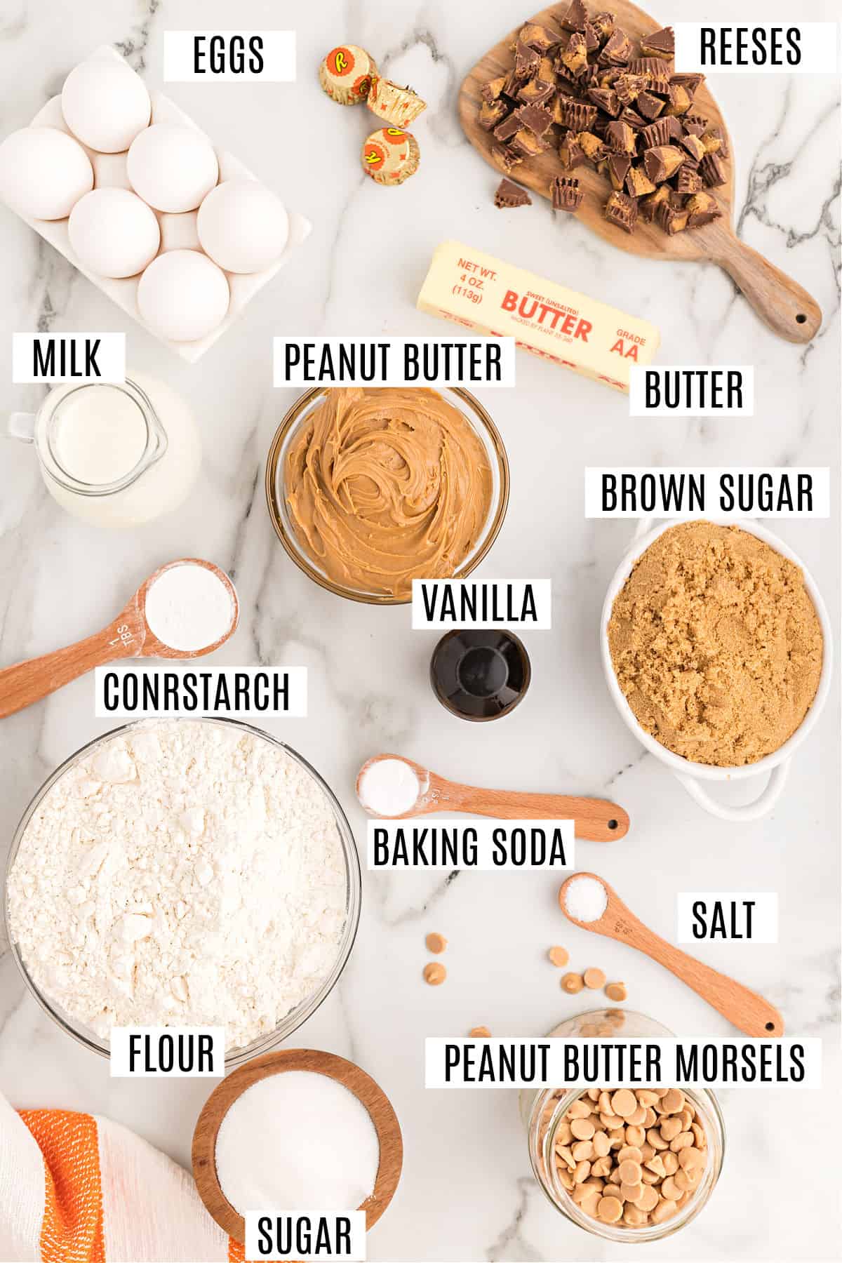 Ingredients needed to make peanut butter cookies with reese's.