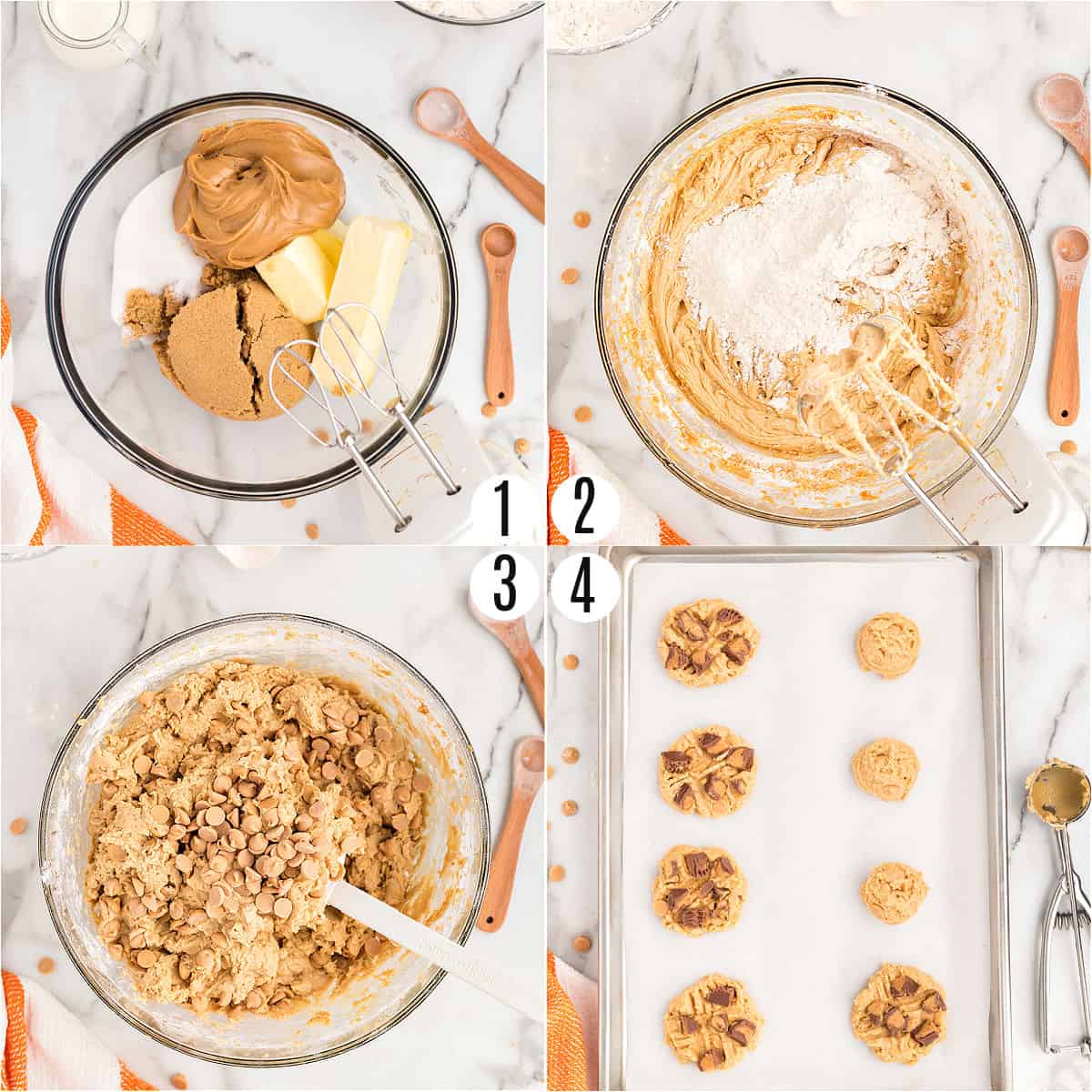 Step by step photos showing how to make peanut butter cup cookies.