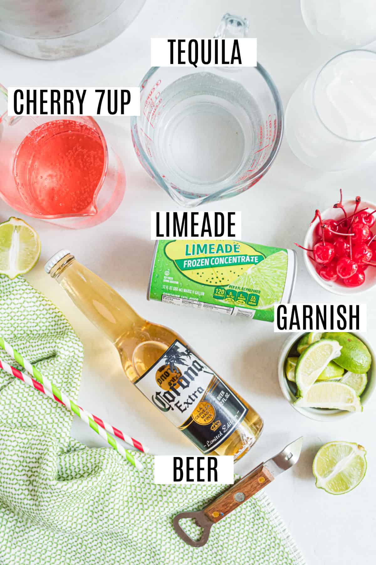 Ingredients needed to make cherry beer margaritas.