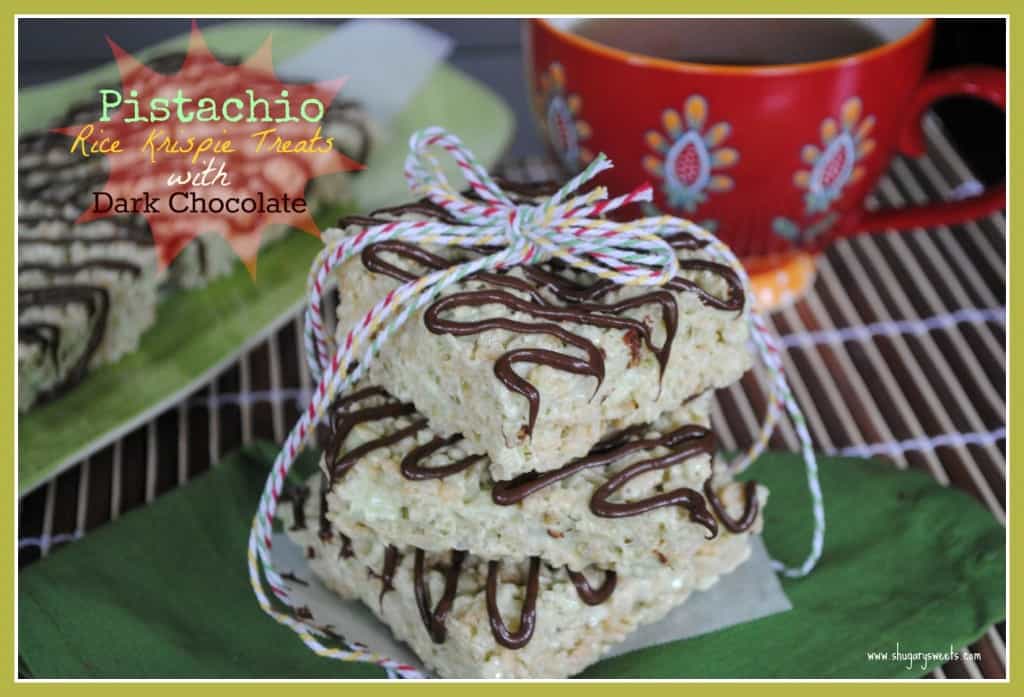 pistachio rice krispie treats with dark chocolate