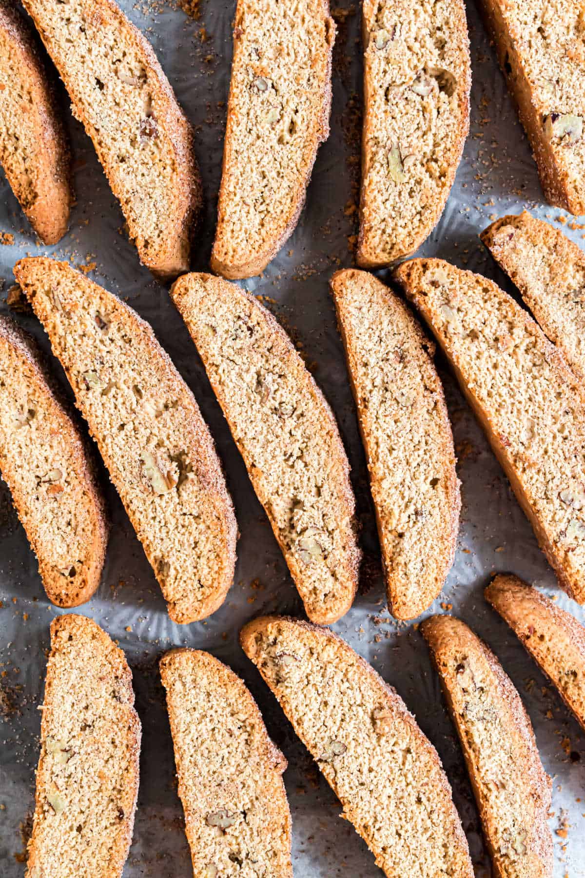 Biscotti baked on a cookie sheet pan.