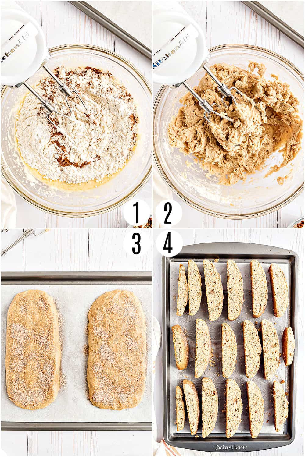 Step by step photos showing how to make snickerdoodle biscotti.