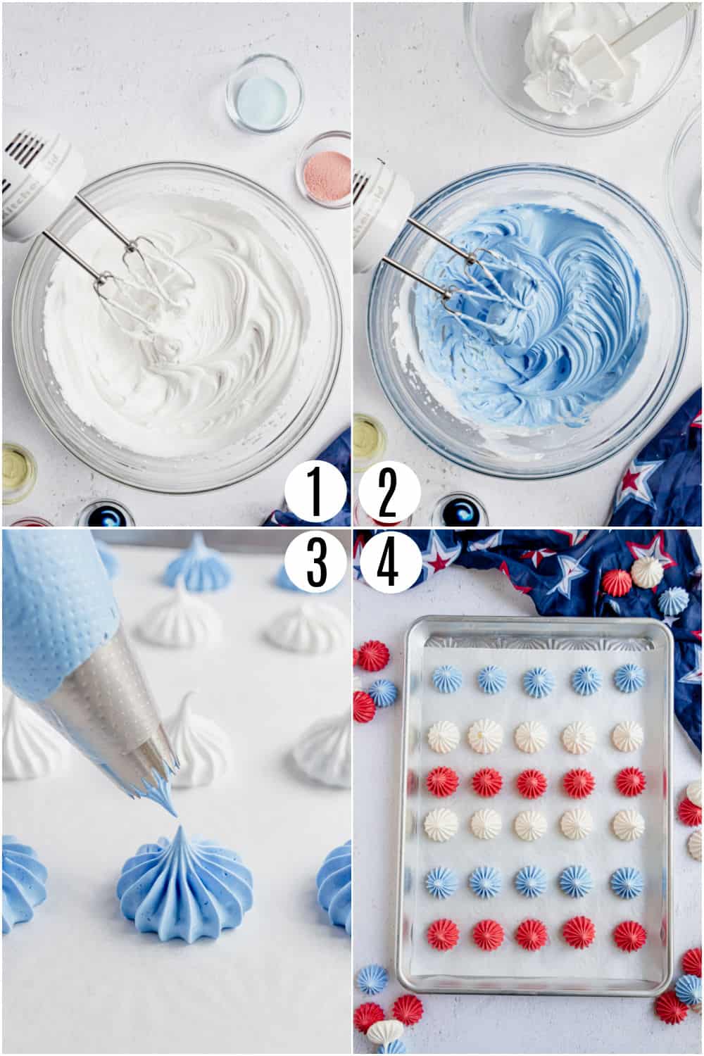 Step by step photos showing how to make red white and blue meringue cookies.