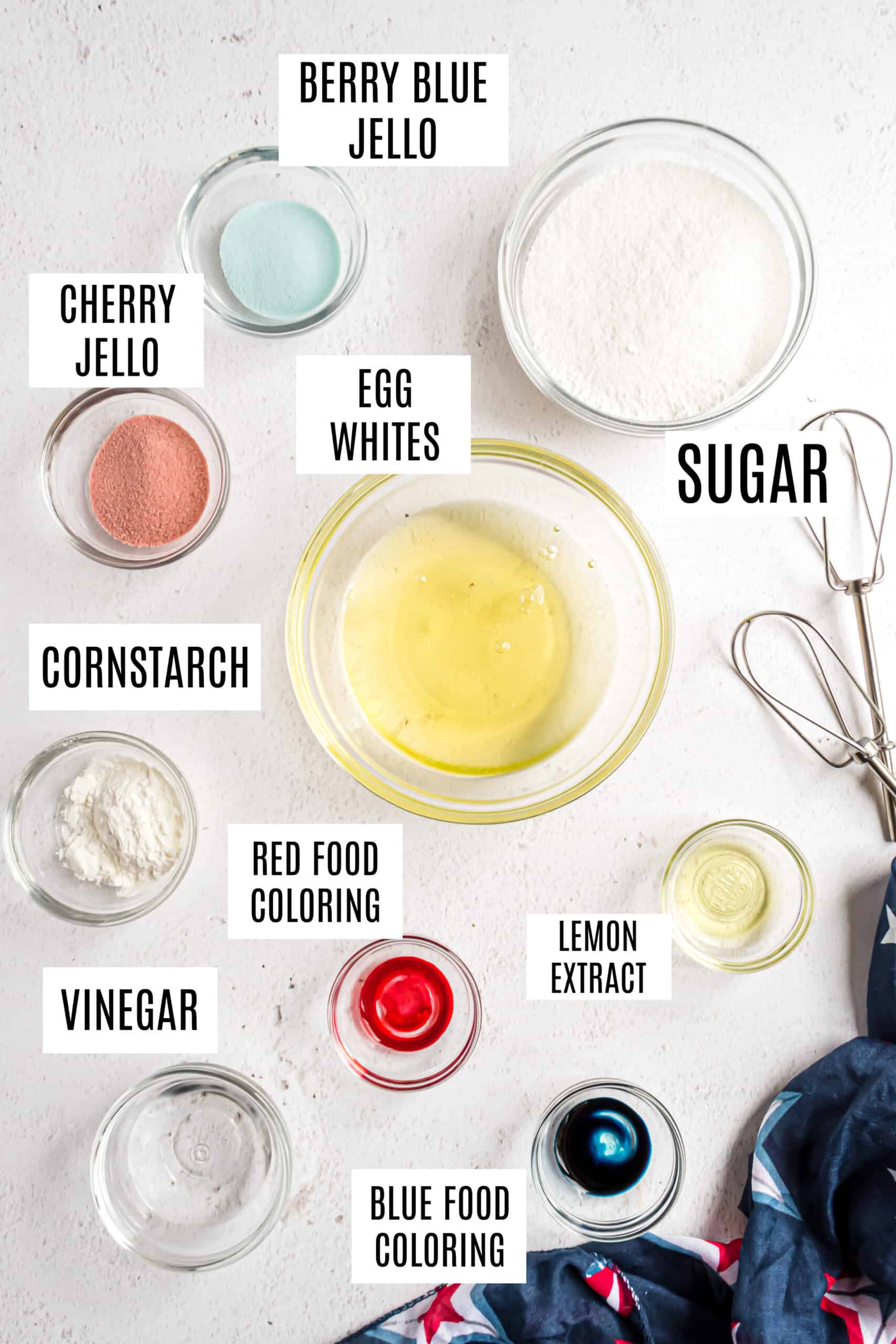 Ingredients needed for 4th of july meringues.