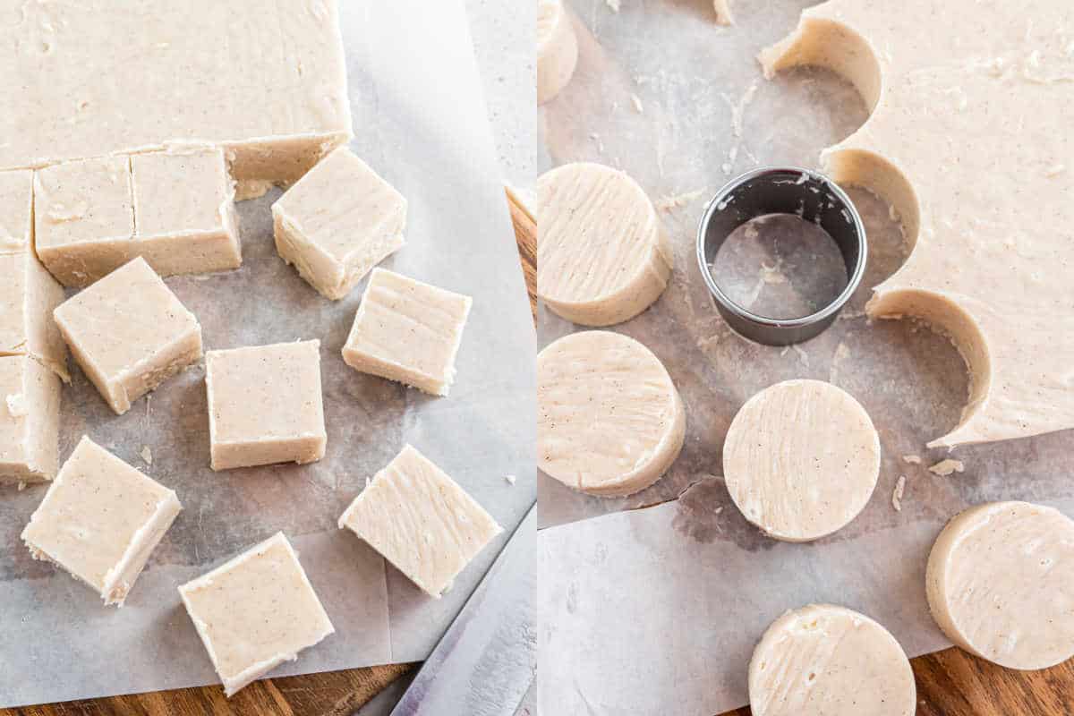 Two photos showing how to cut fudge in circles or squares.