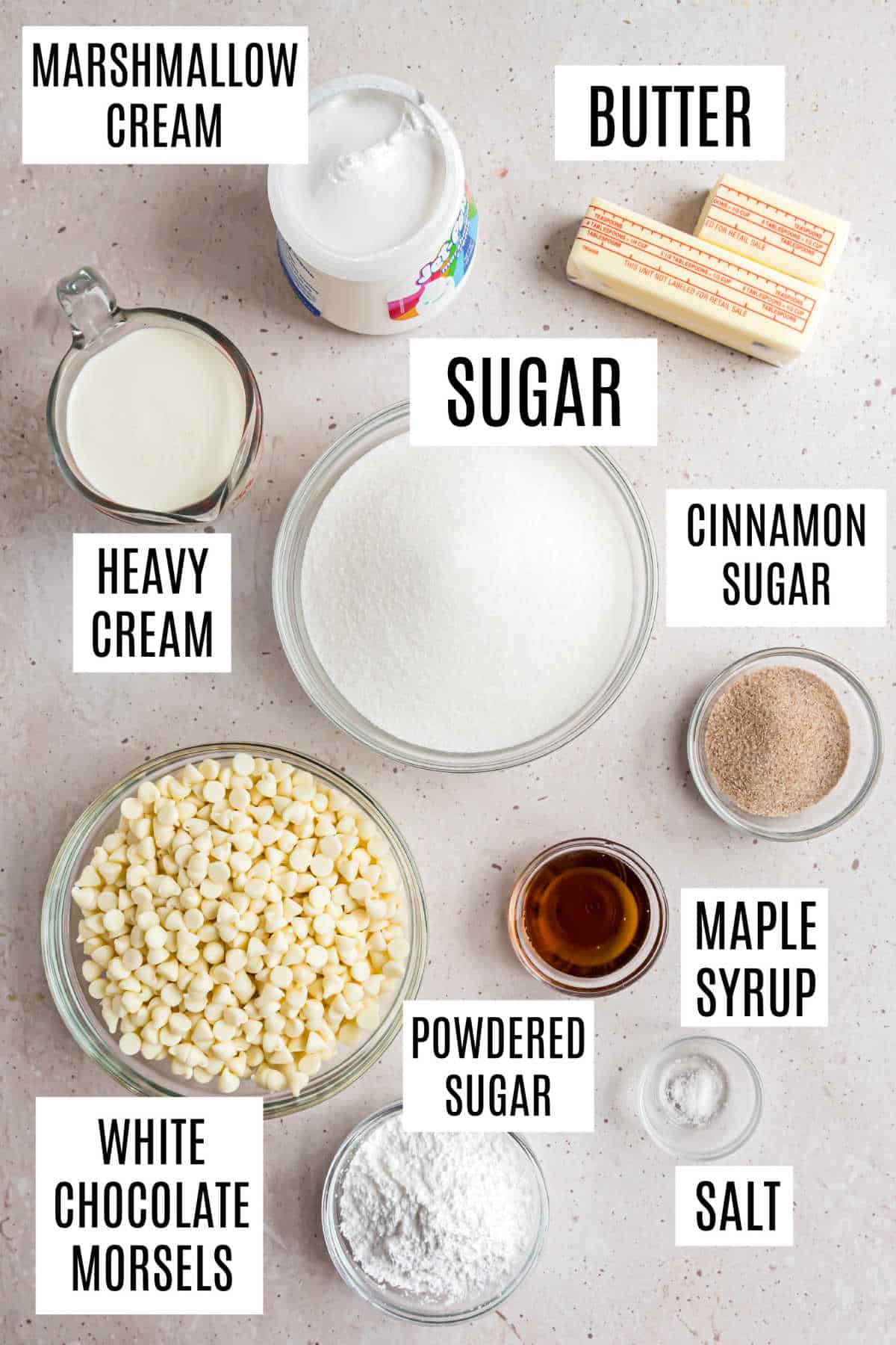 Ingredients needed to make cinnamon roll fudge.