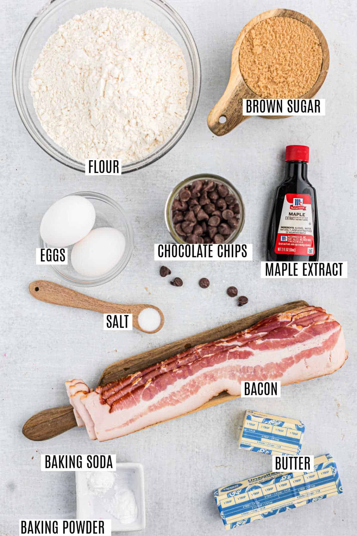 Ingredients needed to make maple bacon cookies.