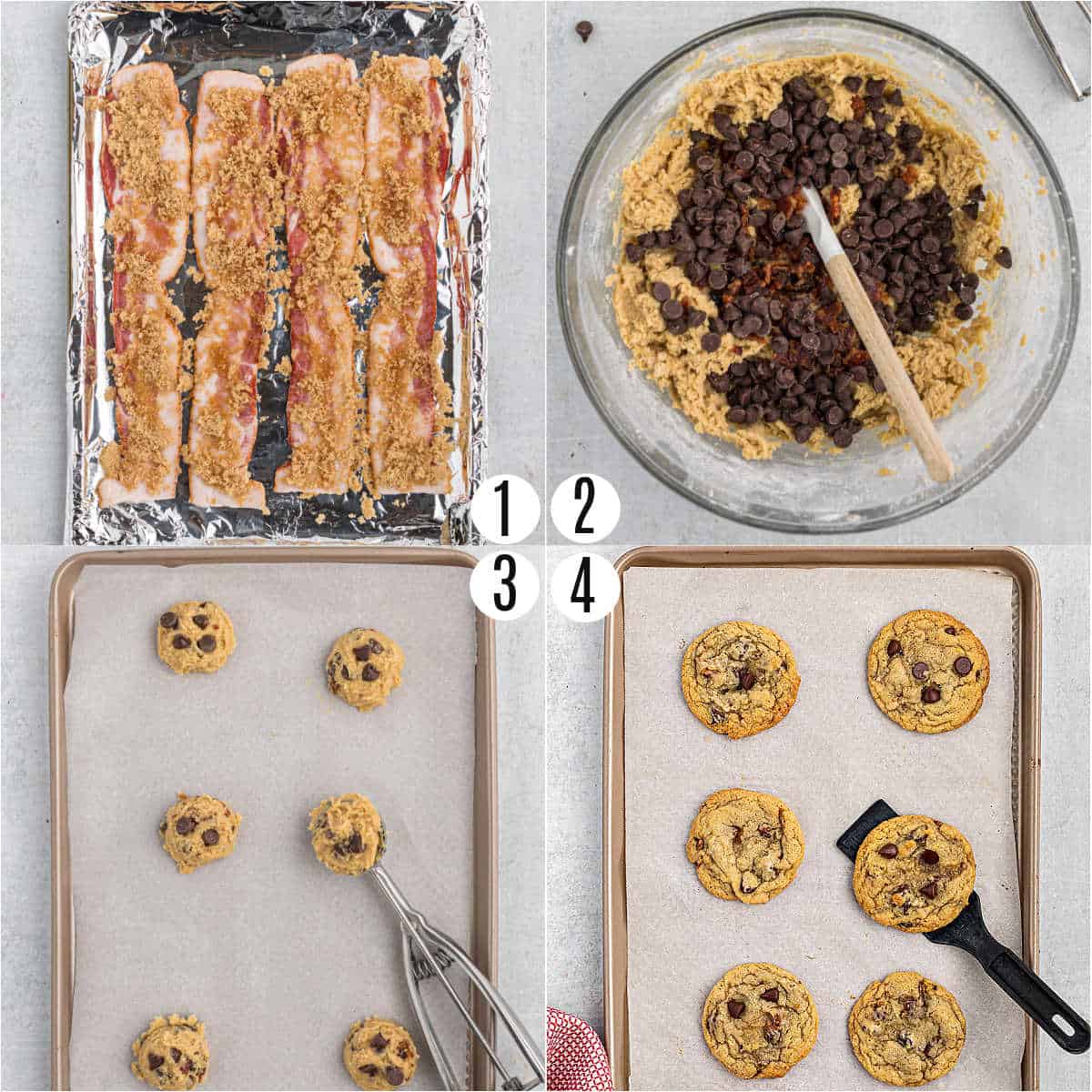 Step by step photos showing how to make maple bacon cookies.