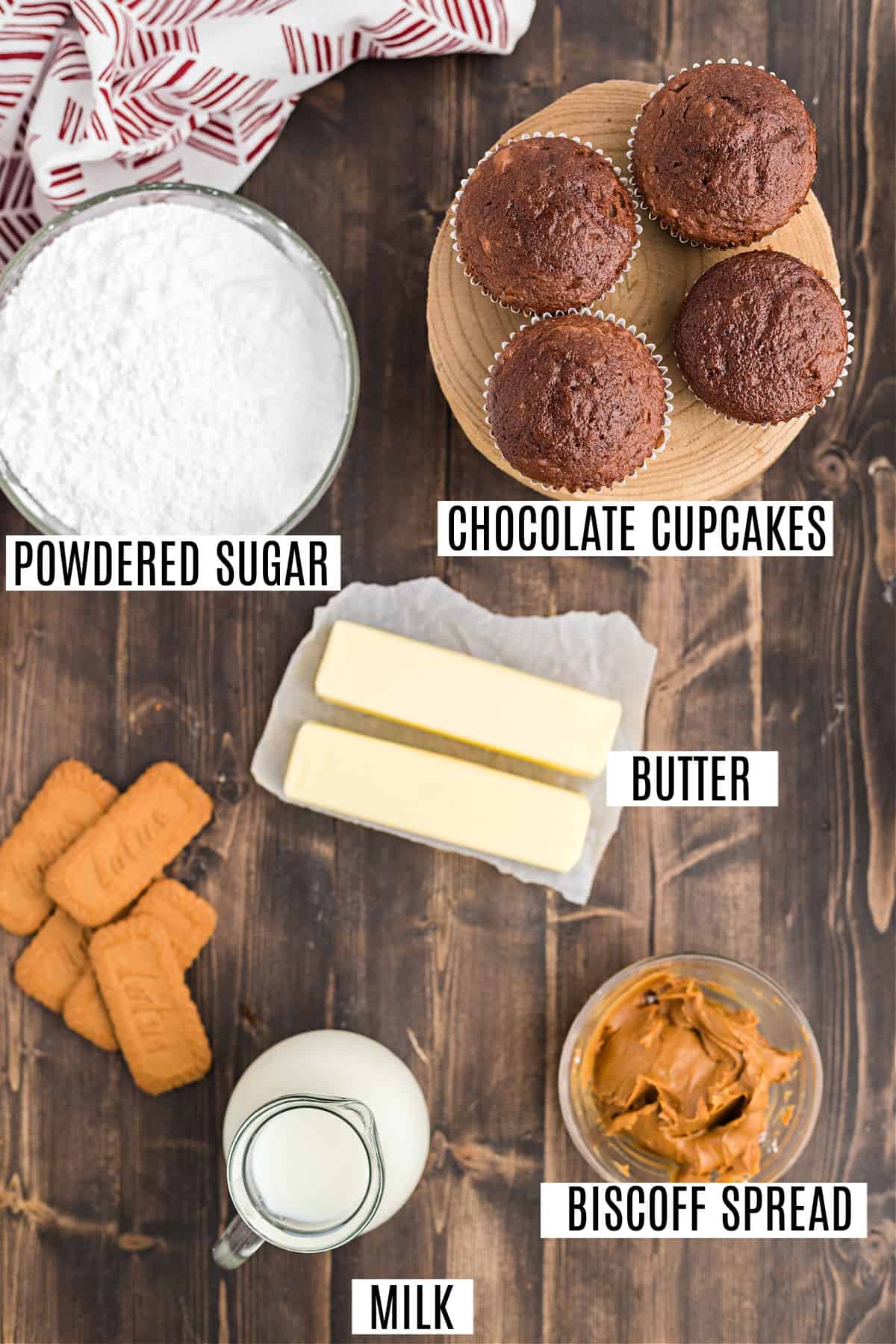 Ingredients needed to make biscoff frosting for chocolate cupcakes.