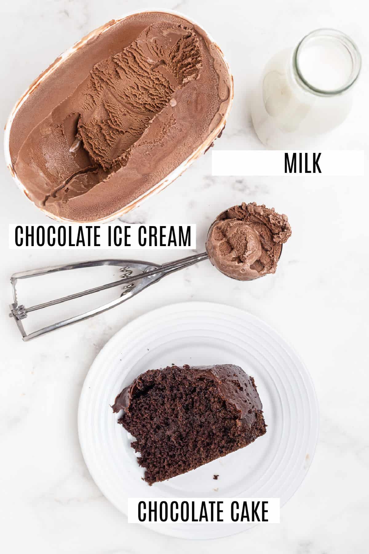 Only three ingredients needed for chocolate cake shakes.