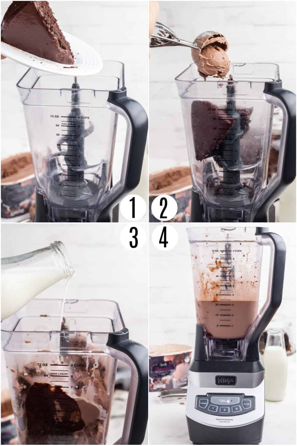 Step by step photos showing how to make chocolate cake shakes in a blender.