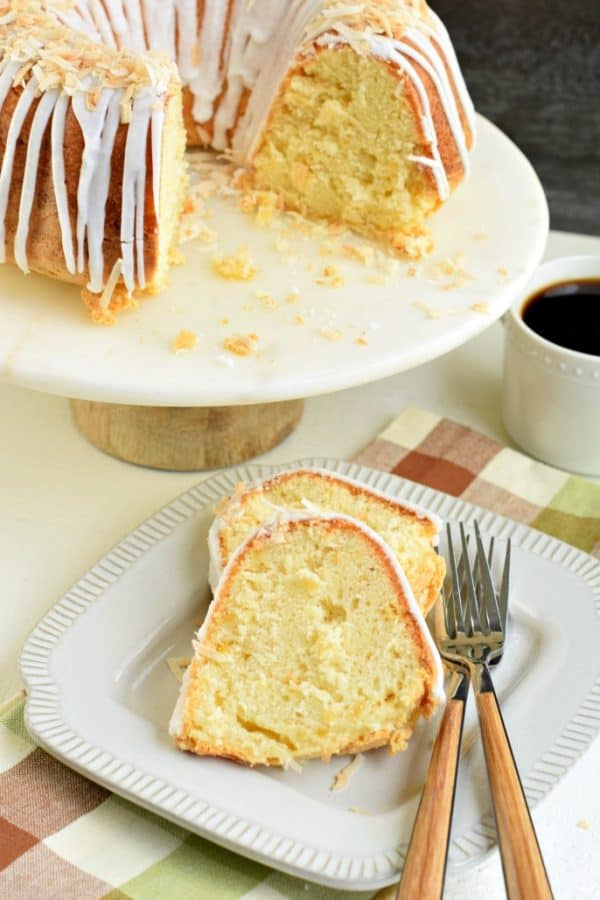 Everyone's favorite tropical beverage turned into a scrumptious and easy pound cake! Pina Colada Pound Cake is full of pineapple flavor and topped with a coconut glaze.