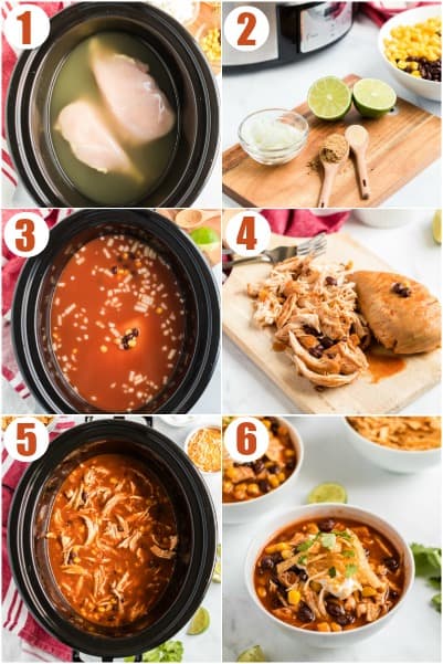 Step by step photos showing how to make chicken enchilada soup in the slow cooker.