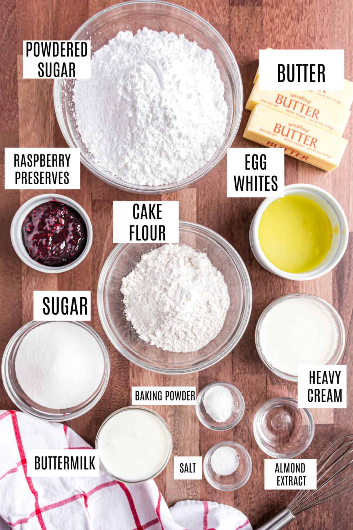 Ingredients needed for raspberry filled wedding cake cupcakes.