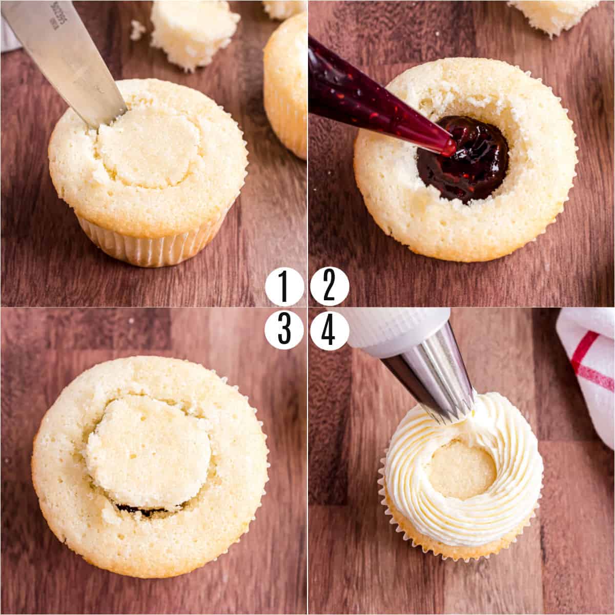 Step by step photos showing how to fill cupcake with raspberry preserves.