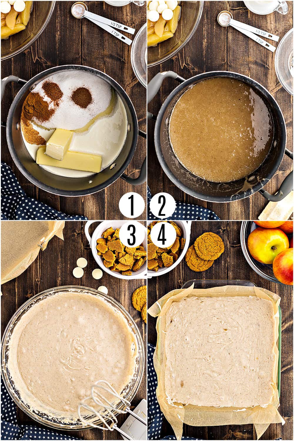 Step by step photos showing how to make apple pie fudge.