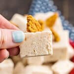 Soft and sweet, Apple Pie Fudge is the perfect bite sized version of the classic pie. An easy homemade fudge packed with apple pie filling and warming spices. No candy thermometer needed!
