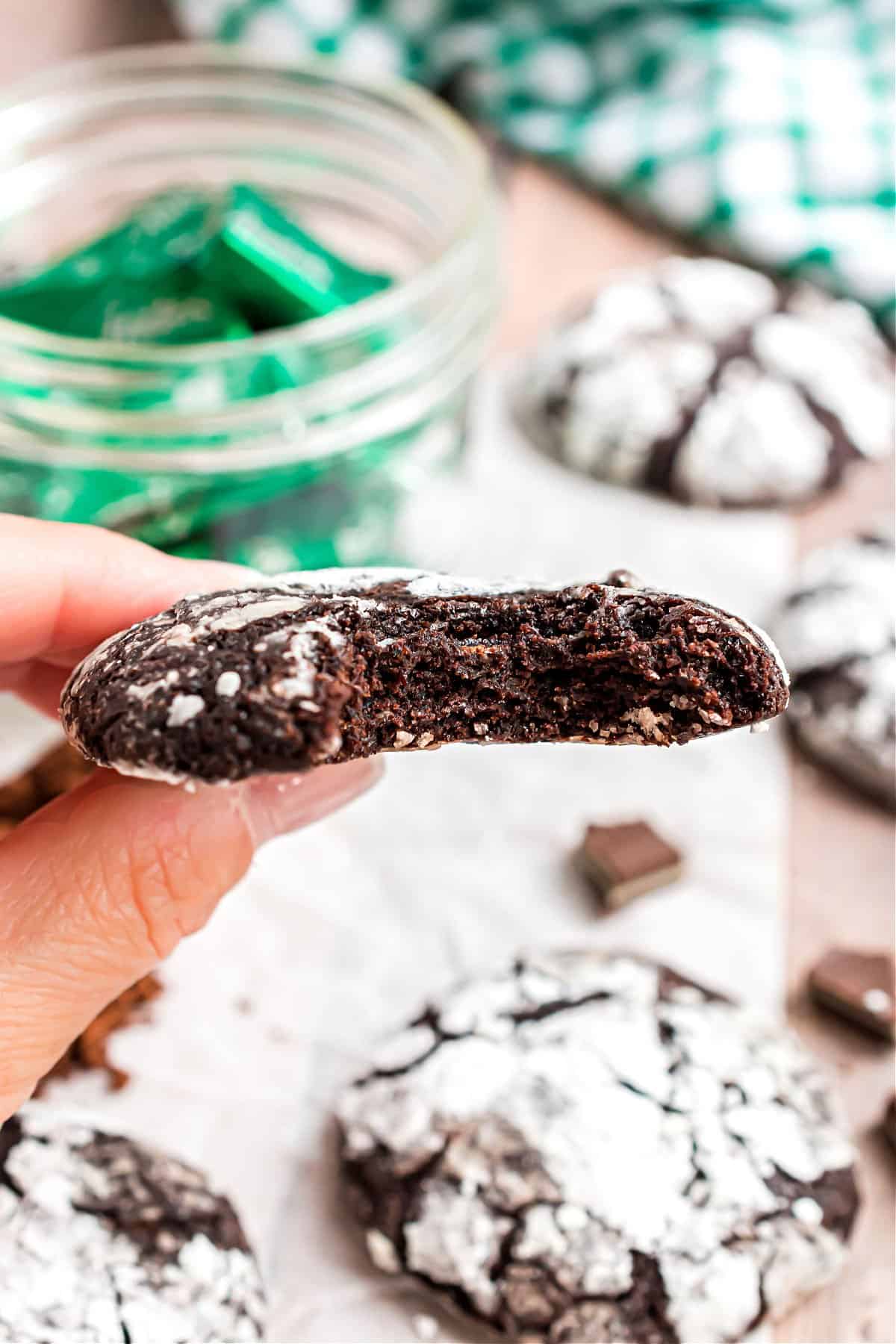 Minty chocolate crinkle cookie with a bite taken out.