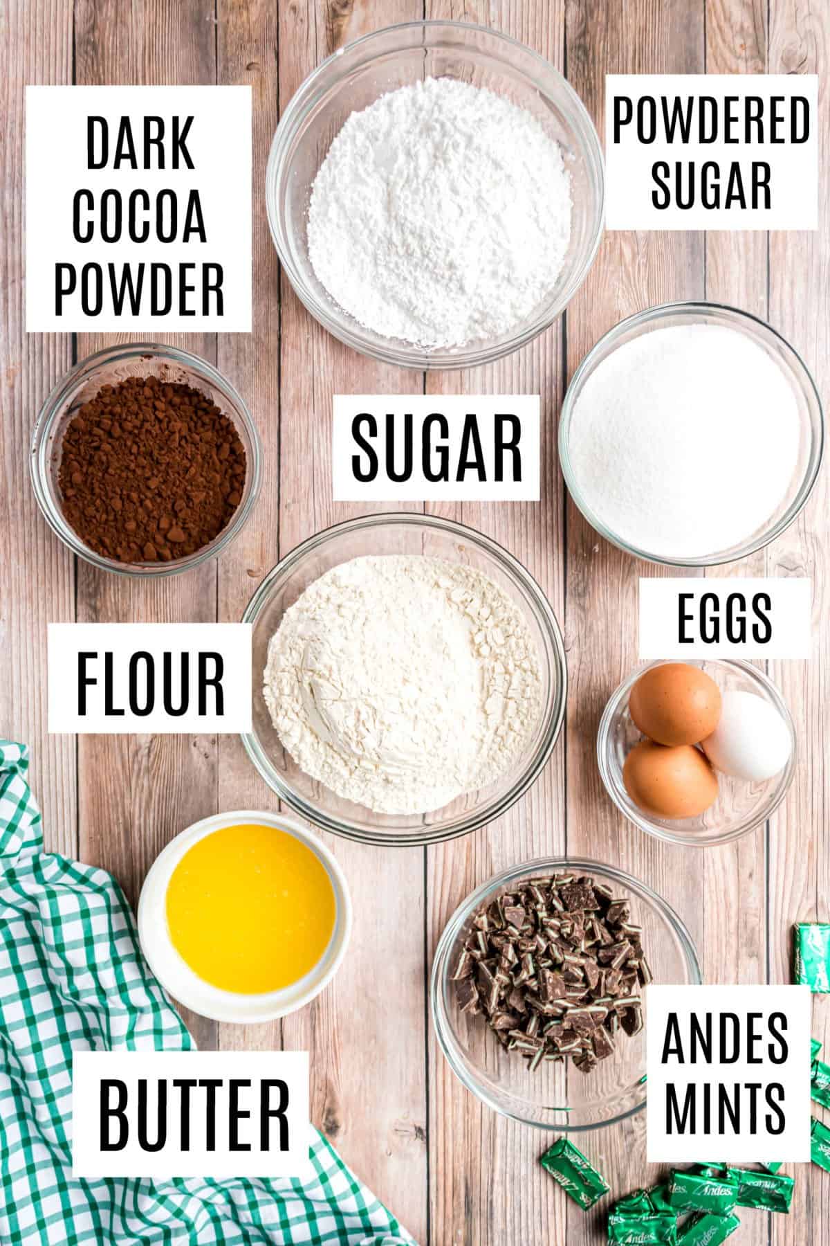 Ingredients needed to make chocolate crinkle cookies with mint.