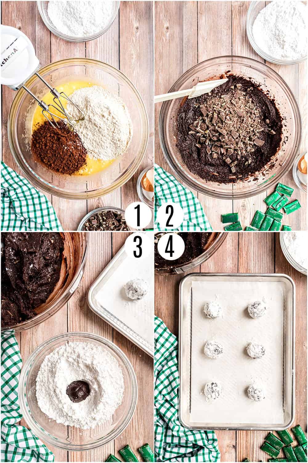Step by step photos showing how to make chocolate crinkle cookies with andes mints.