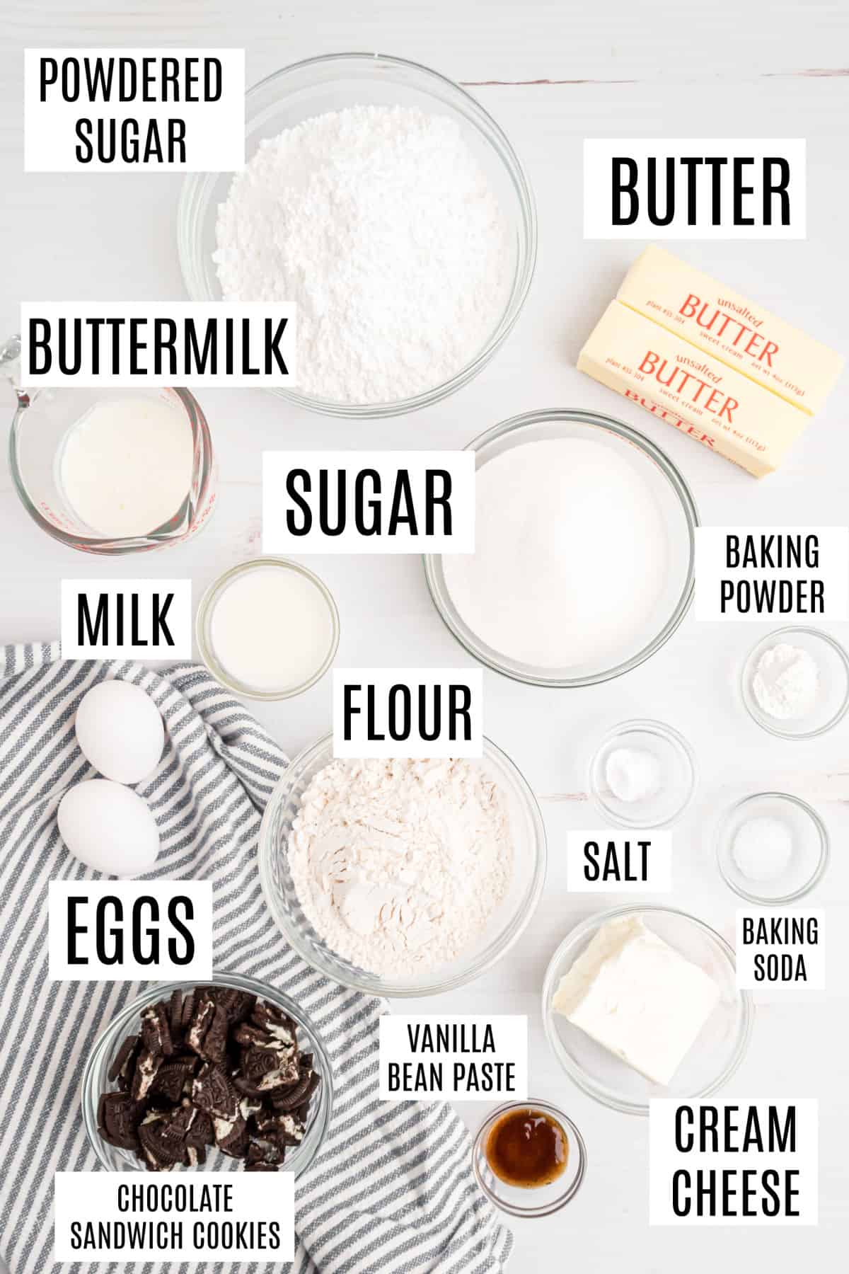 Ingredients needed to make cookies and cream cupcakes.