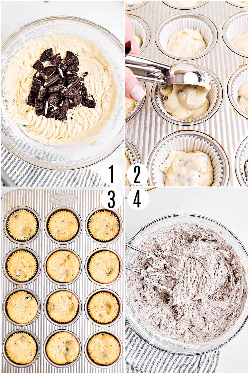Step by step photos showing how to make oreo cupcakes.