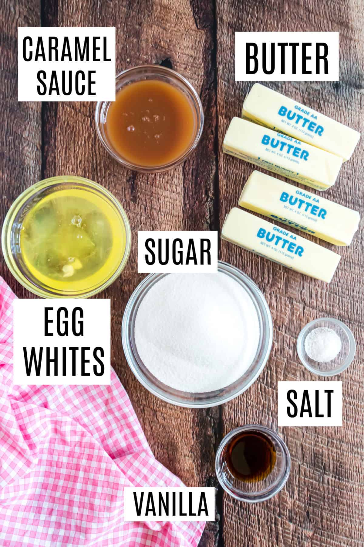 Ingredients needed to make swiss meringue frosting.