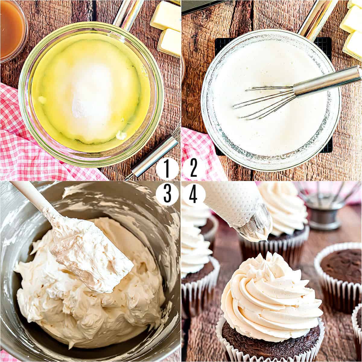 Step by step photos showing how to make swiss meringue frosting.