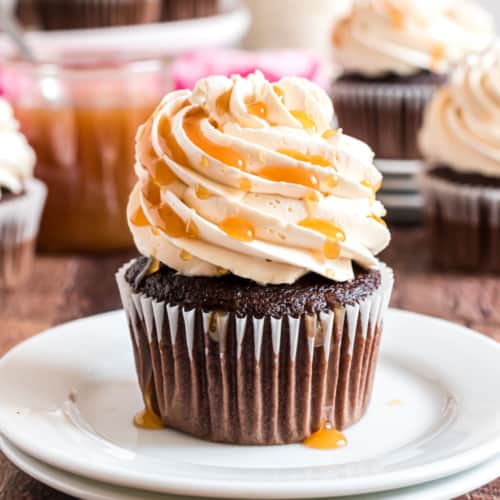 This luscious Salted Caramel Swiss Meringue Frosting has a buttery caramel flavor and a hint of sea salt. Pipe it onto cupcakes for an elegant twist on a classic buttercream.