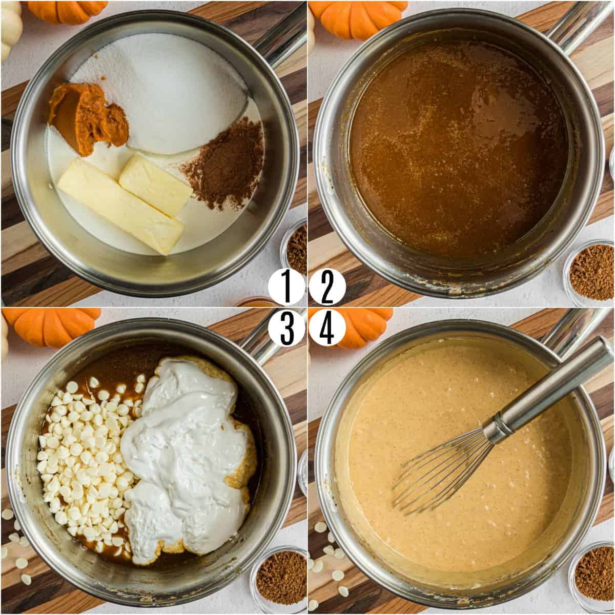 Step by step photos showing how to make pumpkin fudge.