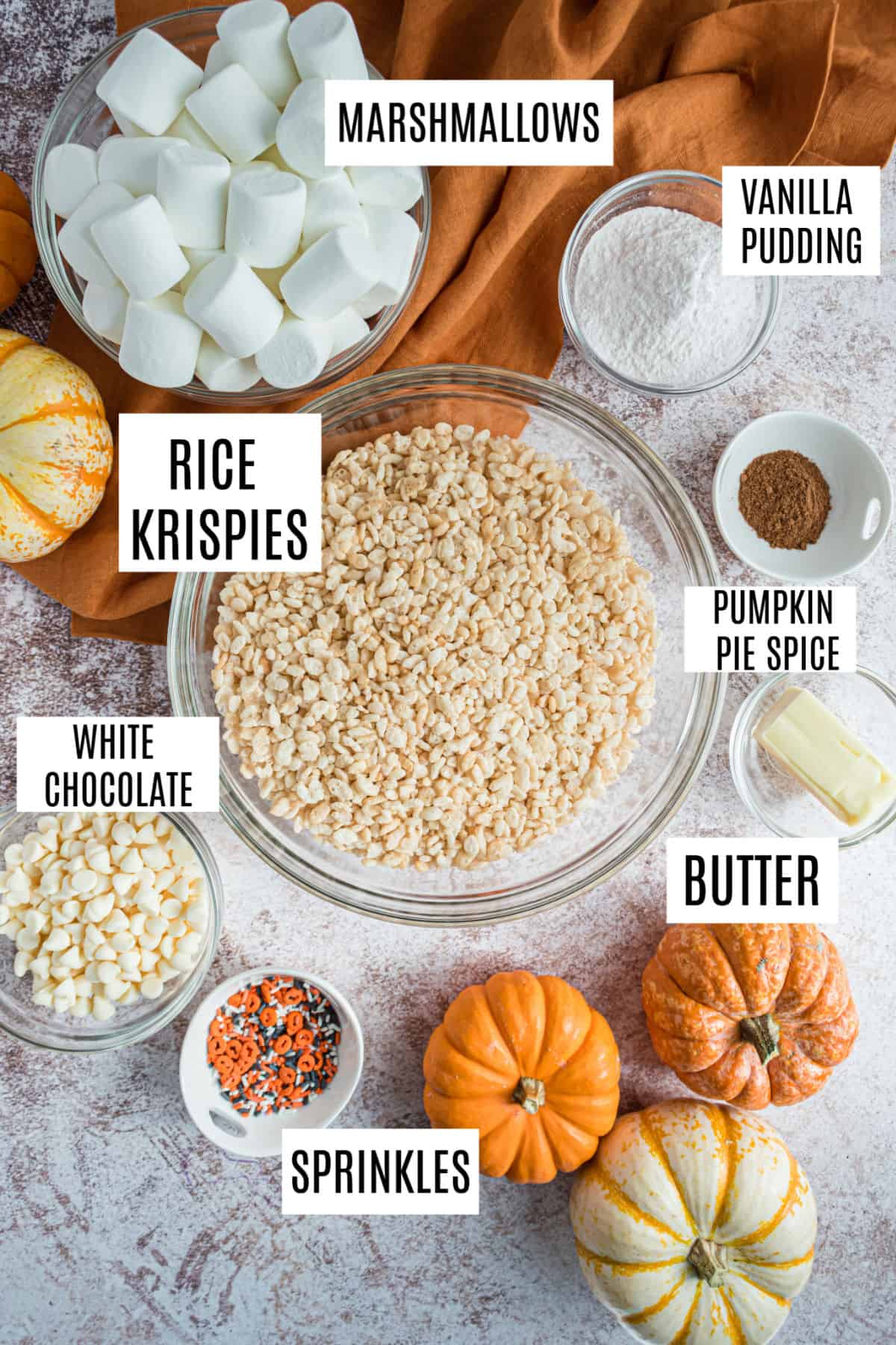 Ingredients for pumpkin spice rice krispie treats.