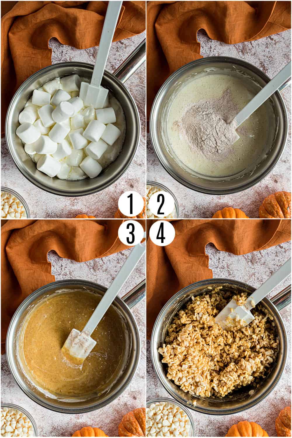 Step by step photos showing how to make rice krispie treats with pumpkin pie spice.