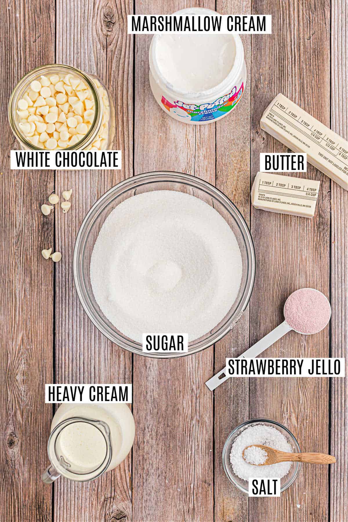 Ingredients needed to make strawberry swirl fudge.