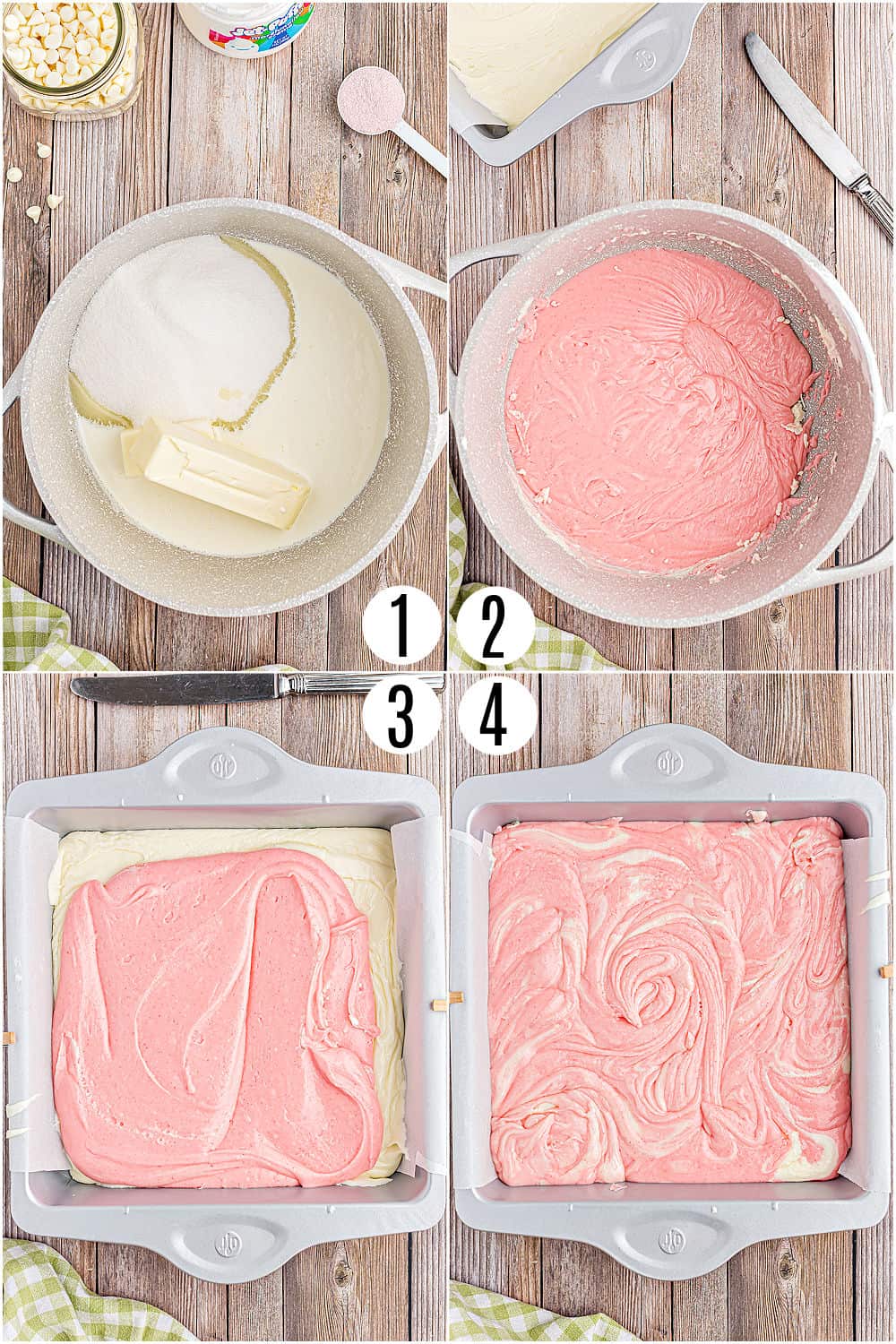 Step by step photos showing how to make strawberry fudge.