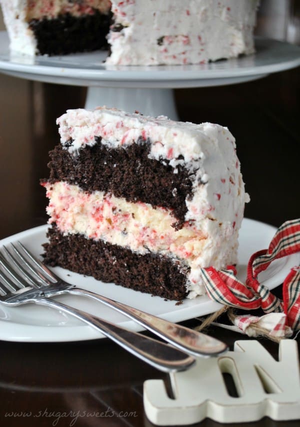 Chocolate Peppermint Cheesecake Cake: double chocolate layer cake with peppermint cheesecake center and peppermint frosting!!
