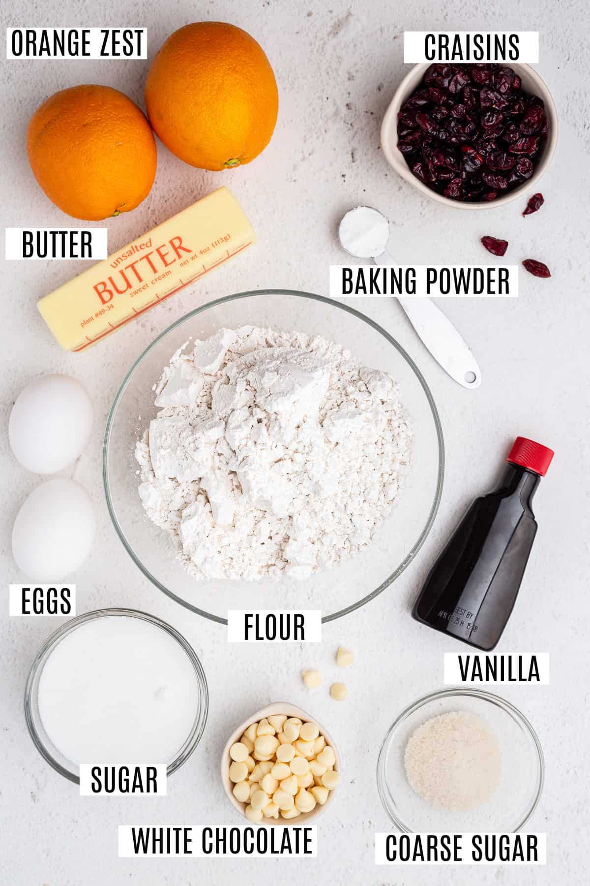 Ingredients needed for cranberry orange biscotti.